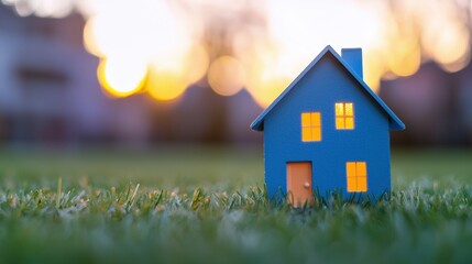 A small blue model house sits on green grass, illuminated from within, with a blurred sunset background creating a warm, inviting atmosphere.