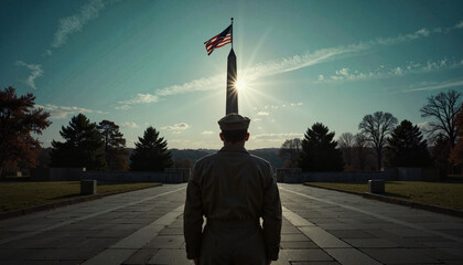 Soldier paying tribute at sunrise against a flag backdrop  