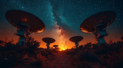 Milky Way over radio telescopes at sunset.