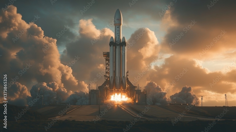 Poster A rocket is launched into the sky, displaying intense flames and smoke clouds against a vibrant sunset. This advanced propulsion system highlights the evolving capabilities of space technology.