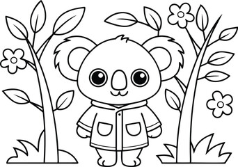 Cute Outline Koala Cartoon Character Standing in Trees with Flowers Design