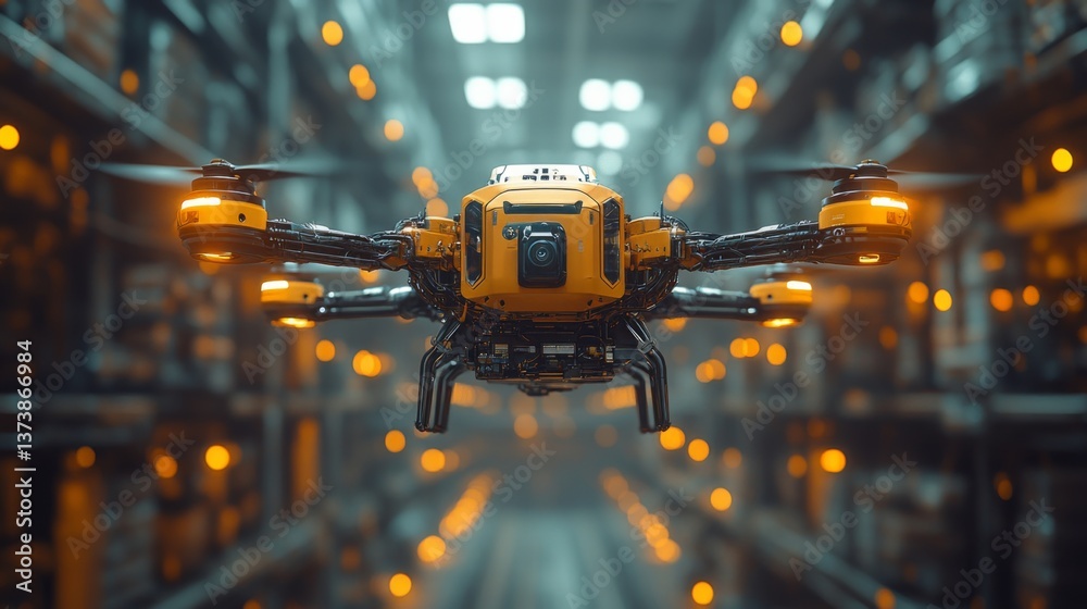 Poster Drones equipped with cameras are actively navigating a large warehouse, assisting in inventory management and enhancing sorting and fulfillment processes in logistics.