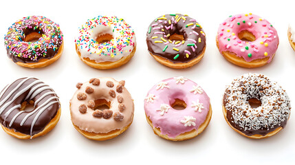 Assorted donuts with colorful toppings on a white background  