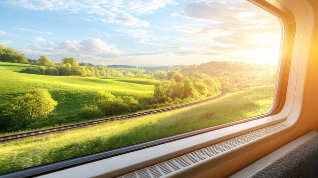 Scenic train window view with soft lighting and rolling landscapes, copy space on the right