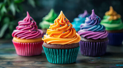 Close-up of colorful cupcakes with vibrant swirled frosting in shades of orange, purple, blue and green, topped with sprinkles