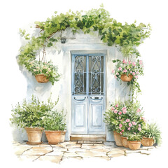 A charming entrance featuring a blue door surrounded by potted plants and hanging flowers, complemented by a lush vine overhead.