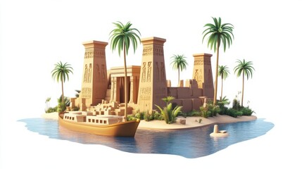 Fototapeta premium Ancient Egyptian Temple Island Oasis Digital Art