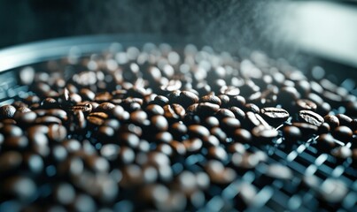 Fototapeta premium Close-up of freshly roasted coffee beans cooling on a metal tray, ready to be brewed.
