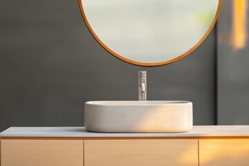 Minimalist bathroom setup features elegant sink and large round