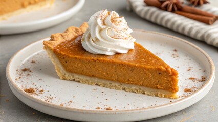 A warm slice of pumpkin pie with a velvety filling, crowned with whipped cream