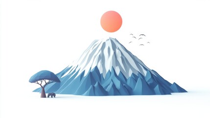 Geometric Mountain Landscape with Sun and Birds - Minimalist Digital Art