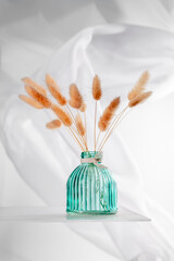 Bunny tail grass bouquet in elegant modern glass vase creating cozy home atmosphere and bringing...
