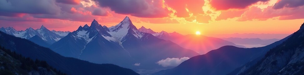 Obraz premium A breathtaking shot of a majestic mountain range at sunrise, showcasing vivid colors and dramatic lighting, outdoors, scenic