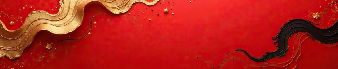 Obraz premium Abstract Chinese gold ink on red paper background with thick paint strokes, top view flat lay copy space, texture, surface