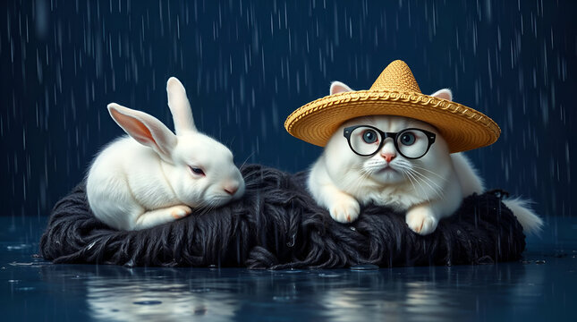 Napping Day, Sleep Day, Cat with Napping Bunny, International Pets Day, World Pet Month, National Love Your Pet Day, Home Animals, Pets on Isolated Background, Generative Ai