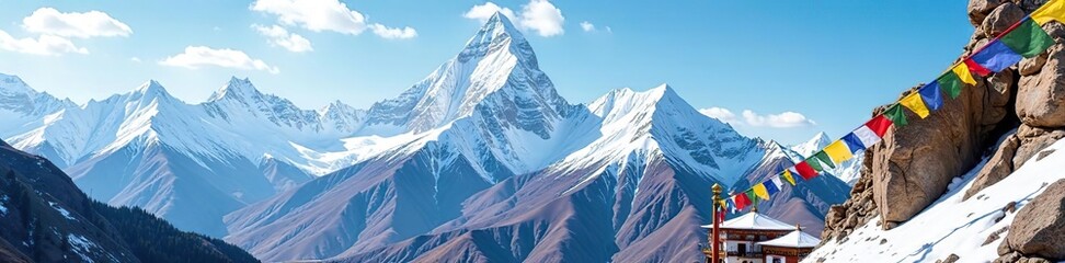 A breathtaking view of the snow-capped Himalayan mountains and colorful prayer flags fluttering in the wind in Tibet,  trekking,  peace