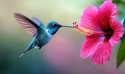 Obraz premium A hummingbird gracefully sips nectar from a vibrant pink hibiscus, its wings a blur of motion.