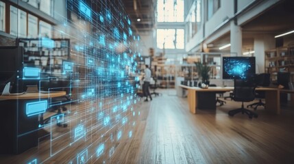 A futuristic office with a holographic interface showing a realtime cybersecurity threat map