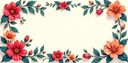 Abstract floral border design with intricate and colorful flowers and leaves,  blossom,  foliage
