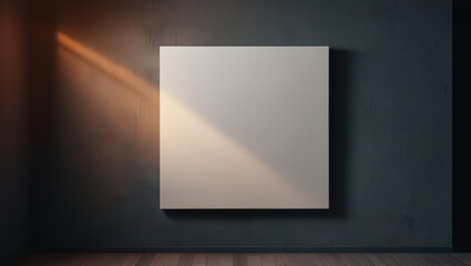 blank canvas wall art mockup is hanging on dark wall in dimly lit room, with warm beam of light casting soft glow across its surface, creating serene and contemplative atmosphere