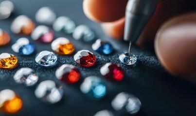 Applying colorful rhinestones to a dark surface with precision for a dazzling effect.