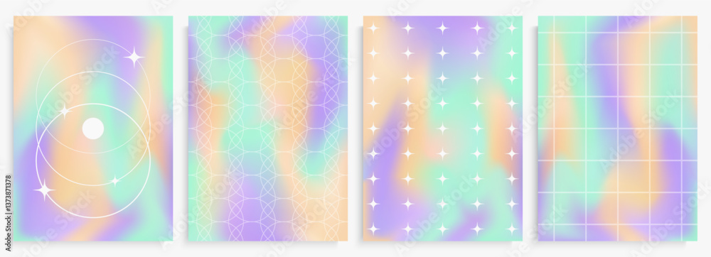 Poster retro background set with geometric forms and blinks on the vivid colorful blended background. vecto