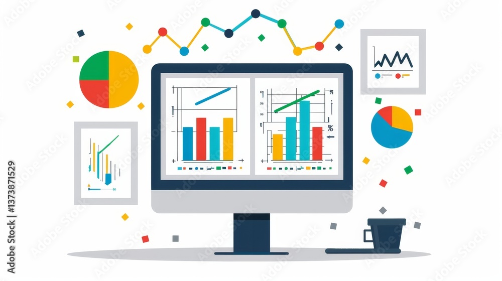 Poster visualizations of data insights on a computer monitor for business analysis and decision-making proc
