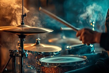 Naklejka premium Dynamic shot of a drummer's hands in a music studio.