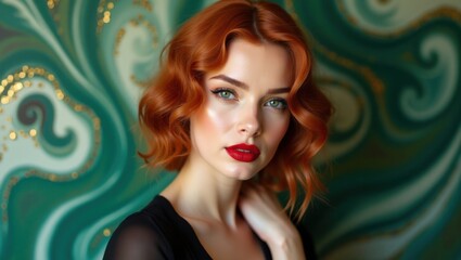 Fototapeta premium Modelo elegante y sofisticada con un cabello cobrizo vibrante y ardiente peinado en ondas sueltas y sin esfuerzo, luciendo un lápiz labial rojo