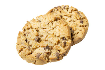 Two freshly baked chocolate chip cookies showing off their rich textures and chocolate chunks