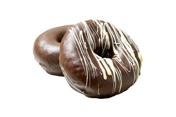 Two delicious chocolate donuts decorated with white chocolate stripes, creating a sweet and tempting treat