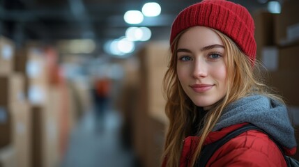 A young woman wearing a red beanie stands in a bustling logistics warehouse, showcasing her smile amid packed boxes and busy staff engaged in sorting and fulfillment activities.