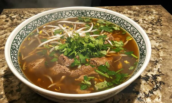 A steaming bowl of pho with tender beef, fresh herbs, and bean sprouts on a granite countertop