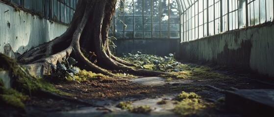 A tree's roots intertwine with an aged greenhouse, its presence asserting nature's dominance over forgotten spaces amidst filtered sunlight.