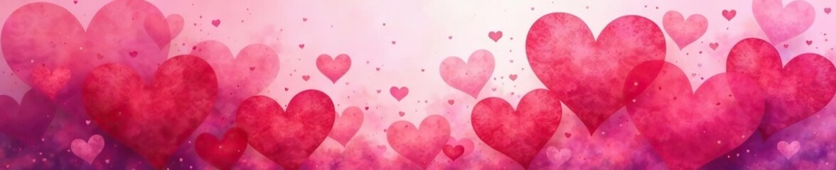 Abstract watercolor heart background in shades of pink, red, and purple, with overlapping layers creating a soft and romantic look,  celebration,  greeting card