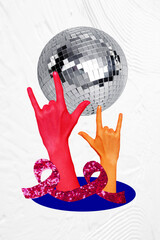 Composite sketch image design artwork collage of discoball hand gesture showing rock punk clubber...