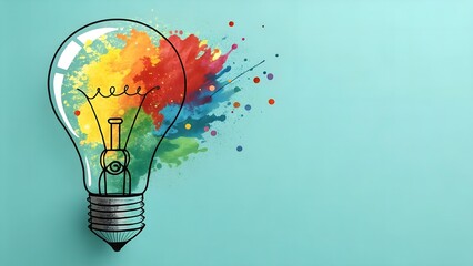Vibrant abstract light bulb illustration with paint splashes on a blue background, symbolizing creativity, innovation and the generation of fresh ideas in a modern design