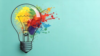 Multicolored paint splashes inside a light bulb on a blue background, symbolizing creative energy, inspiration and innovative ideas in a colorful conceptual design