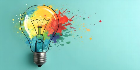 Dynamic light bulb with colorful paint splashes on a blue background, symbolizing creative ideas, inspiration and innovation in a vibrant and artistic conceptual design banner and cover