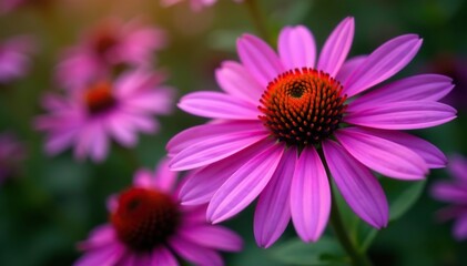 Obraz premium A close-up shot of a vibrant purple Echinacea flower in full bloom, showcasing its intricate petals and spiky orange center, garden, Echinacea