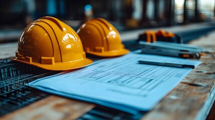 Professional architect supervising a construction project with safety gear and documents illustration