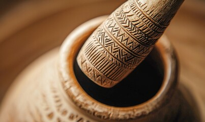 Detailed wooden mortar and pestle with geometric carvings showcase artisanal craftsmanship in warm tones.