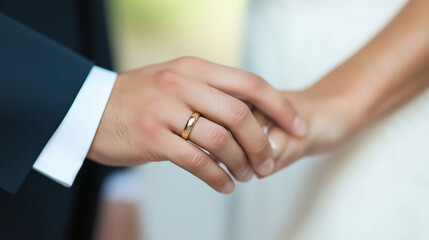 Obraz premium Hands of a bride and groom holding each other during a wedding ceremony with wedding rings symbolizing love and commitment concept