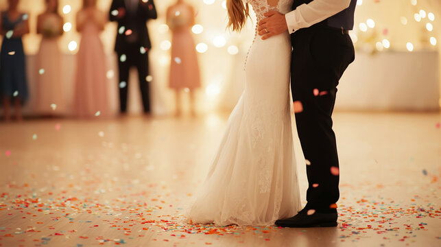 Couple dancing together at wedding celebration surrounded by confetti and joyful guests romantic love concept - Powered by Adobe
