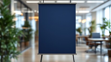A sleek navy blue pull-up banner stands ready in a modern, bright office space, awaiting impactful messaging.