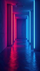 Fototapeta premium Abstract wide banner design with a dark blue background, featuring vibrant neon lights shining and reflecting on the surface, reflecting, shining