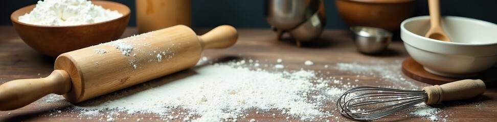 A close-up shot of various baker's tools including a rolling pin, measuring cups, mixing bowls, and a whisk,  cook,  utensils