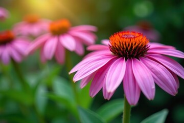 A close-up shot of vibrant purple Echinacea flowers blooming in a garden,  botanical,  bloom