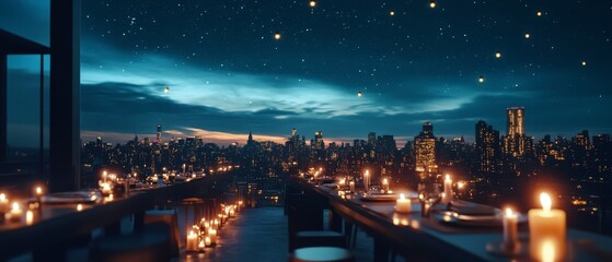 Candlelit dinner atop a cityscape as stars twinkle above, setting a romantic and dreamy atmosphere against the urban night sky.
