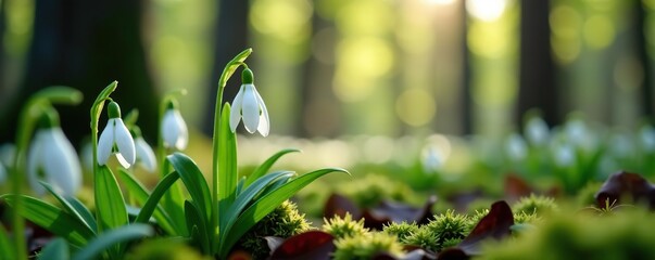 A close-up of delicate snowdrops blooming amidst the trees in a spring forest,  blossoms,  new beginnings